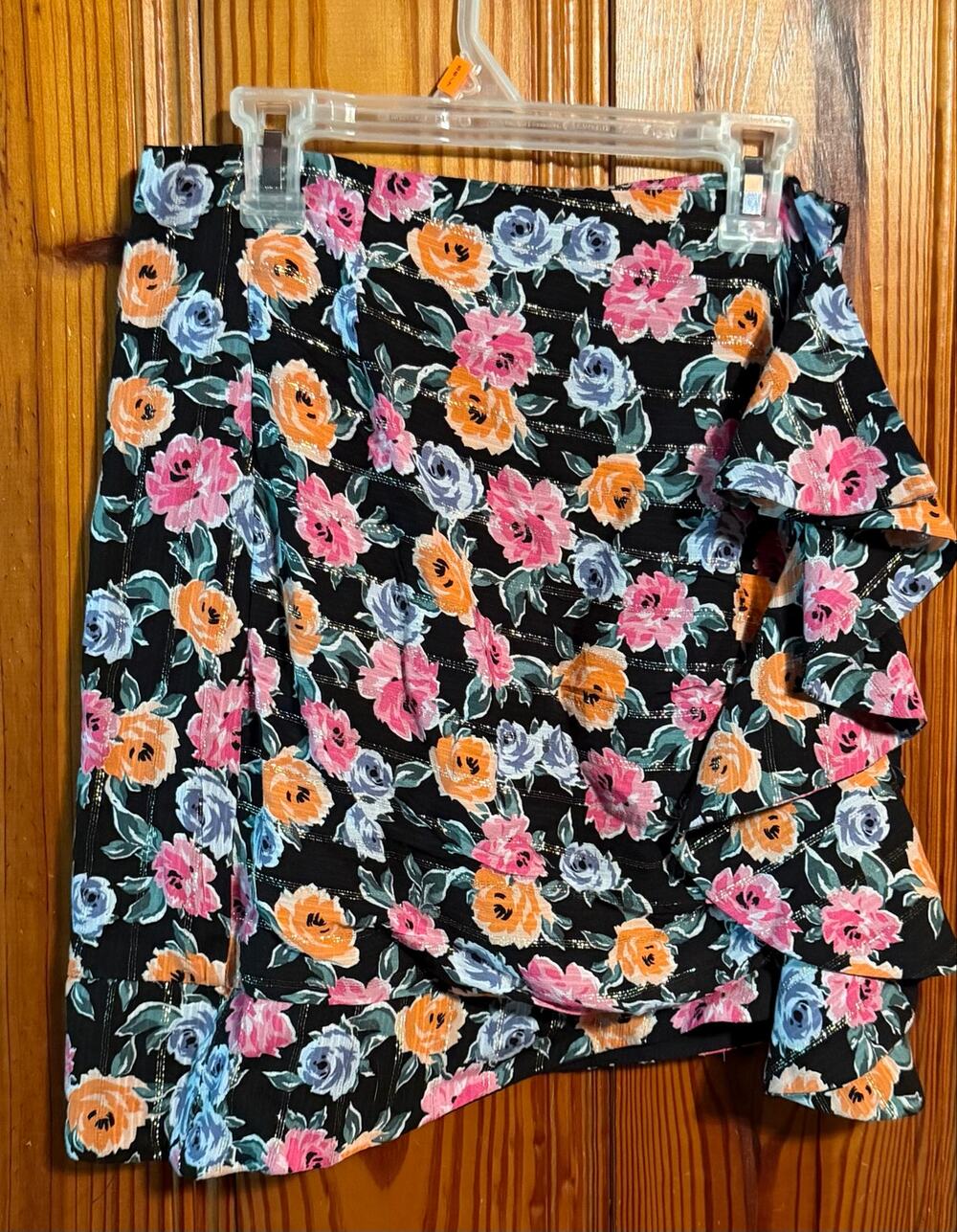 Garage Women’s Black Pink and Orange Floral Ruffle Side Mini Skirt flowy size XS